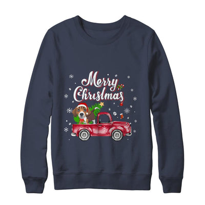 Beagle Retriever Rides Red Truck Christmas Pajama-T-Shirt & Sweatshirt-Crewneck Sweatshirt-Navy