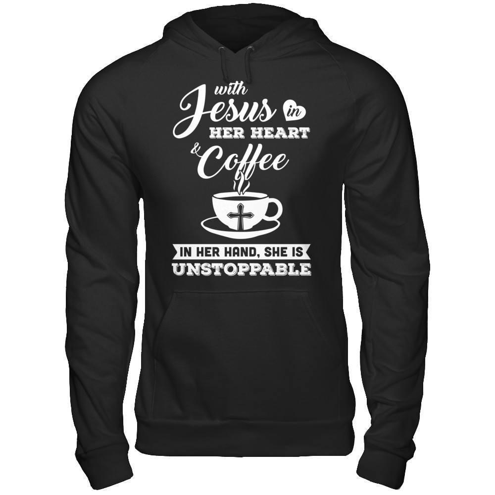 With Jesus In Her Heart And Coffee In Her Hand-T-Shirt & Hoodie-Pullover Hoodie-Black