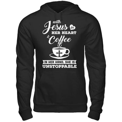 With Jesus In Her Heart And Coffee In Her Hand-T-Shirt & Hoodie-Pullover Hoodie-Black
