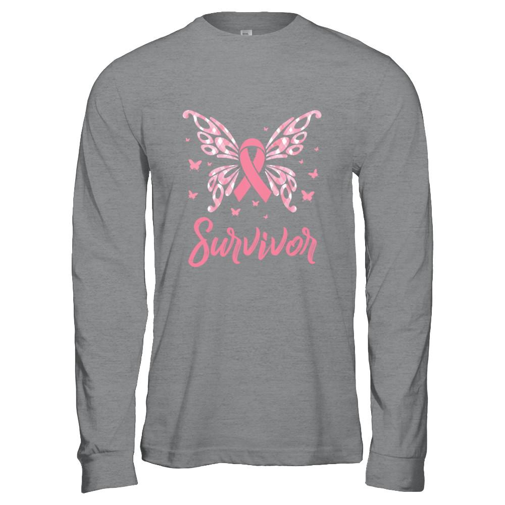 Pink Ribbon Butterfly Breast Cancer Survivor-T-Shirt & Hoodie-Long Sleeve T-Shirt-Sport Grey