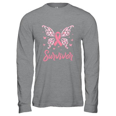 Pink Ribbon Butterfly Breast Cancer Survivor-T-Shirt & Hoodie-Long Sleeve T-Shirt-Sport Grey