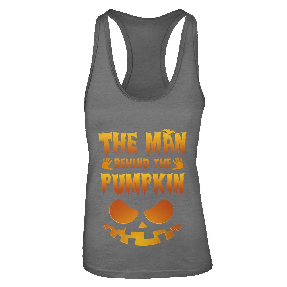 The Man Behind The Pumpkin Funny Pregnant Halloween-T-Shirt & Tank Top-Women's Ideal Racerback Tank-Dark Grey