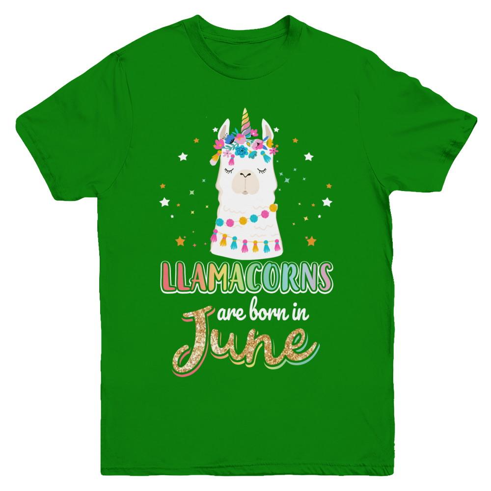 Llama Unicorn Llamacorns Born In June Birthday Gift Youth-Youth Shirt-Youth T-Shirt-Irish Green