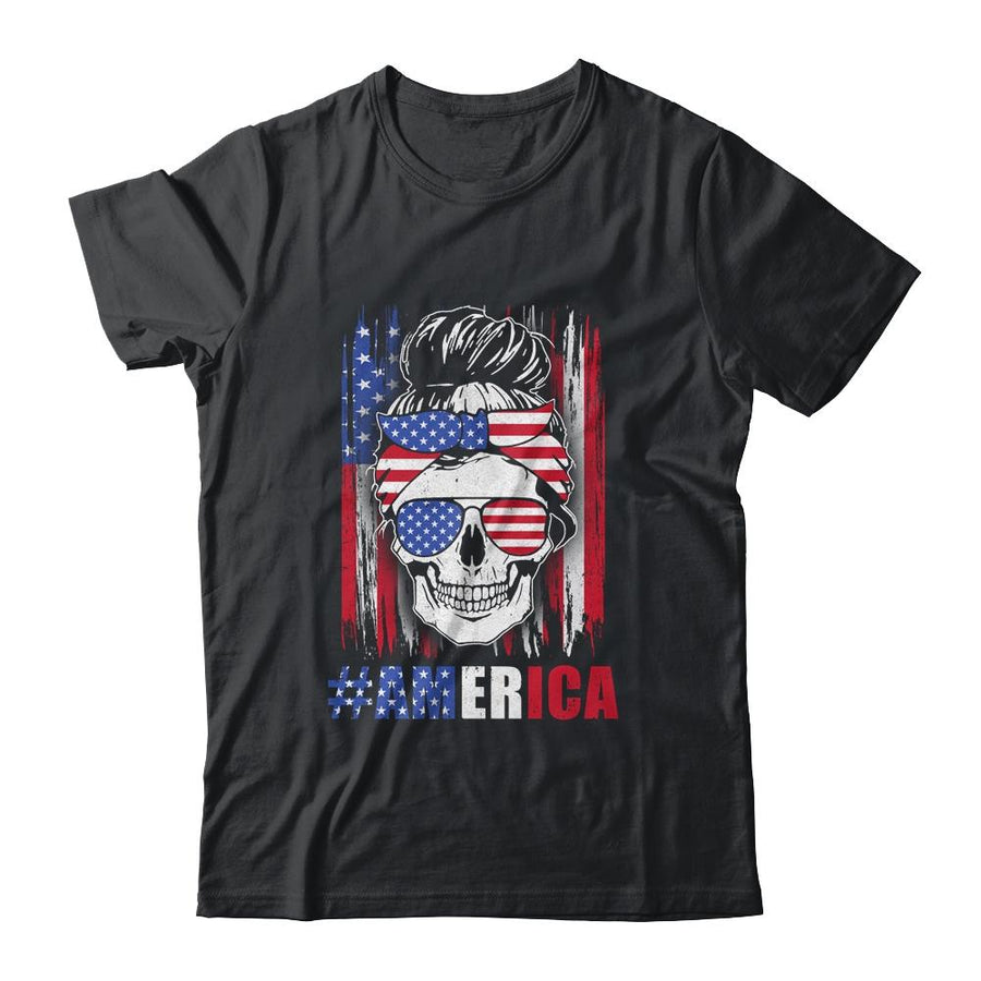America Messy Bun Hair Skull 4th Of July American Flag Women-T-Shirt & Tank Top-Classic T-Shirt-Black