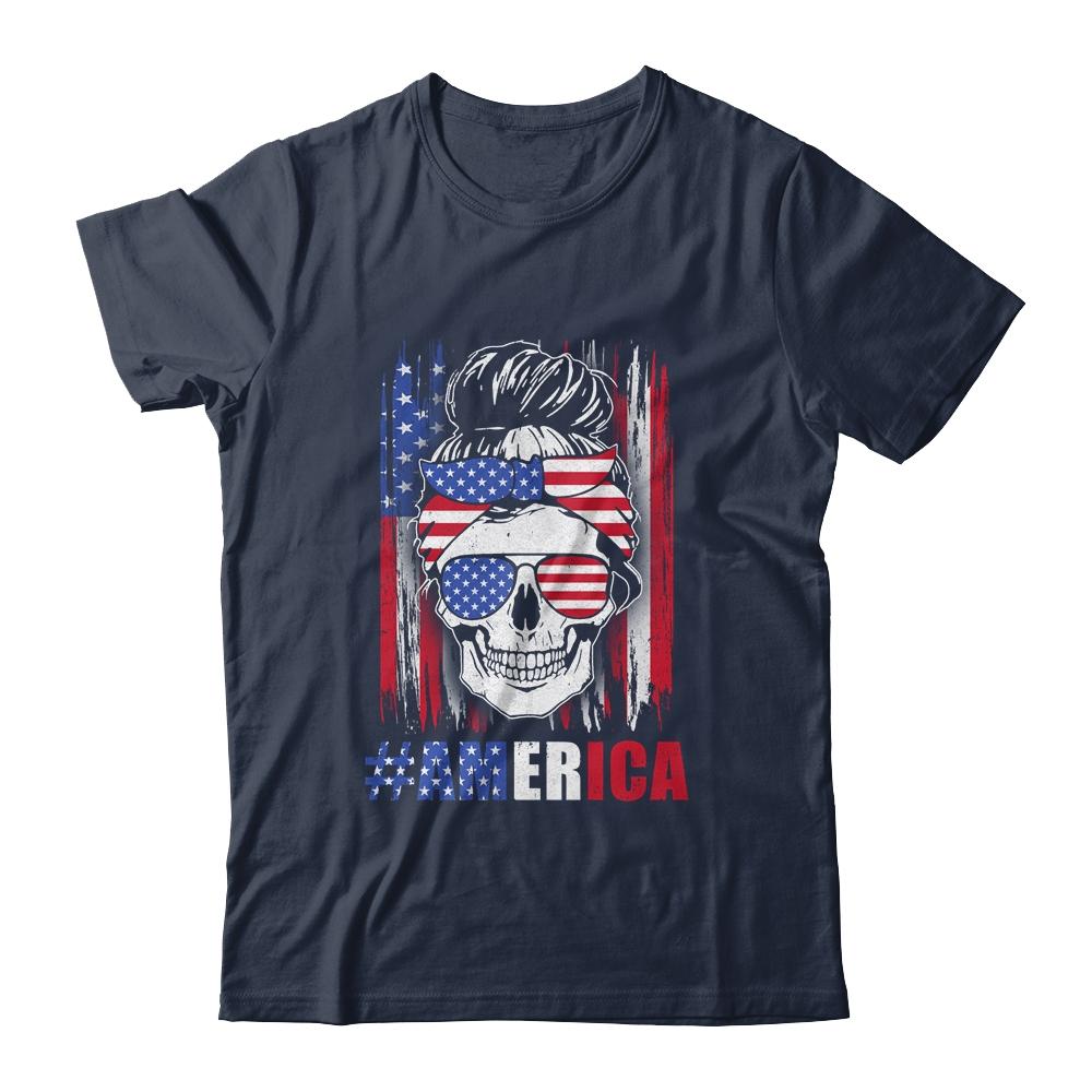 America Messy Bun Hair Skull 4th Of July American Flag Women-T-Shirt & Tank Top-Classic T-Shirt-Navy