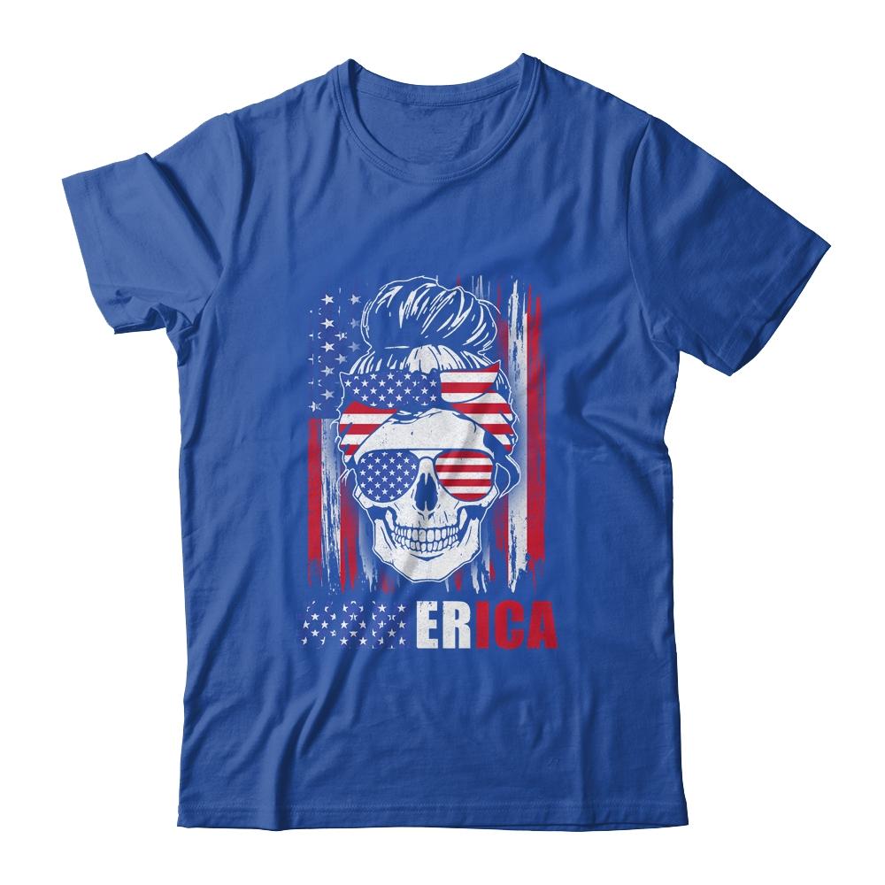 America Messy Bun Hair Skull 4th Of July American Flag Women-T-Shirt & Tank Top-Classic T-Shirt-Royal