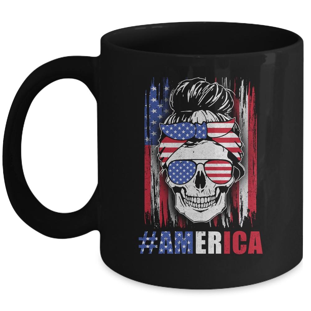 America Messy Bun Hair Skull 4th Of July American Flag Women Mug-Coffee Mug-Mug-Black