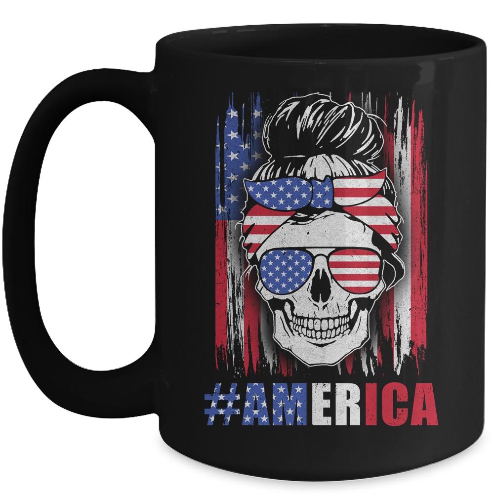 America Messy Bun Hair Skull 4th Of July American Flag Women Mug-Coffee Mug-Mug-Black