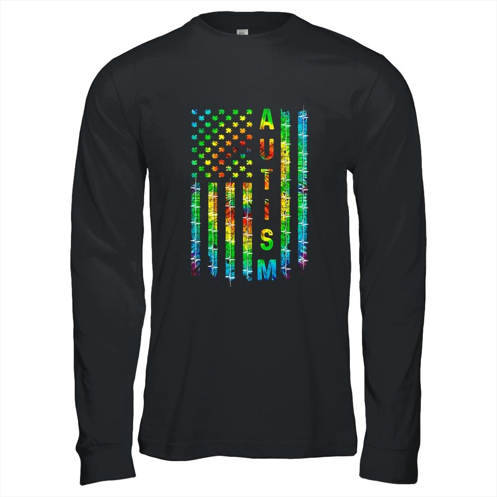 American Flag Autism Awareness Teacher Mom Support-T-Shirt & Hoodie-Long Sleeve T-Shirt-Black