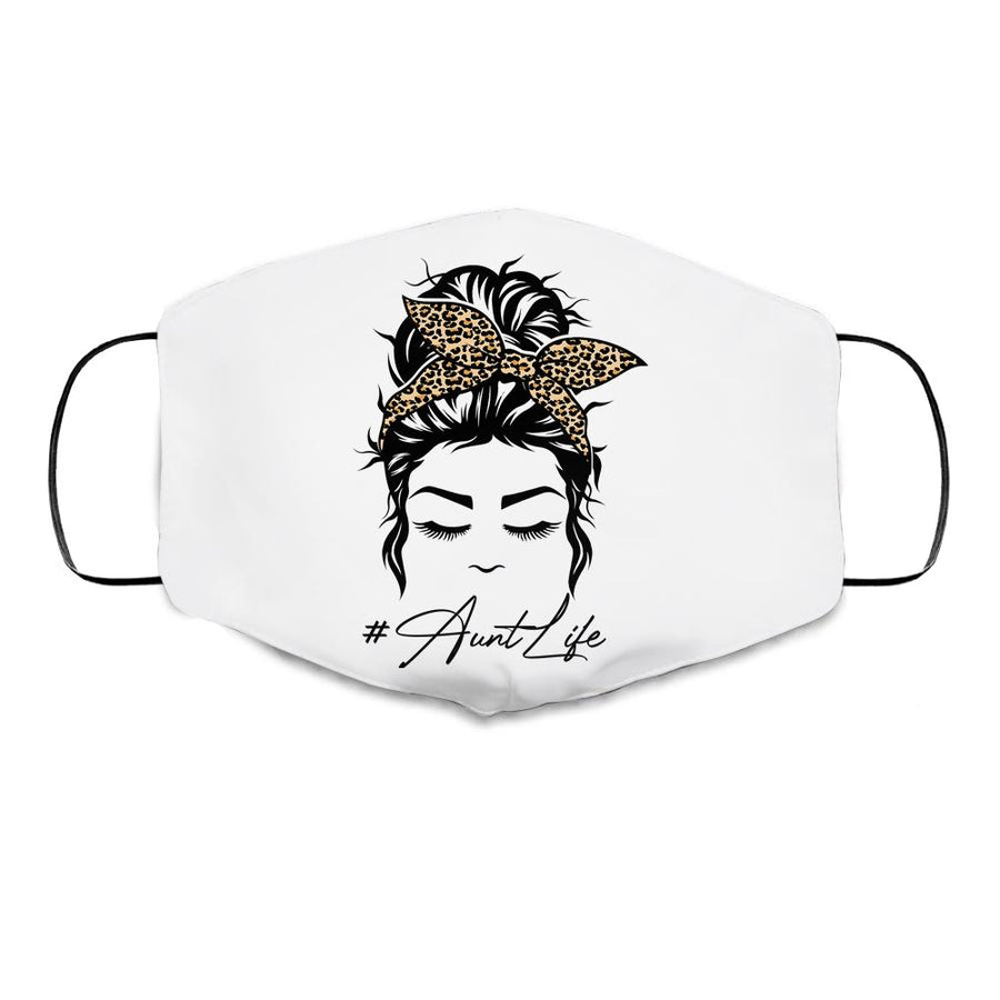 Aunt Life Messy Bun Hair Bandana Leopard Print Cloth Face Mask-Cloth Face Mask-Cloth Face Mask-White
