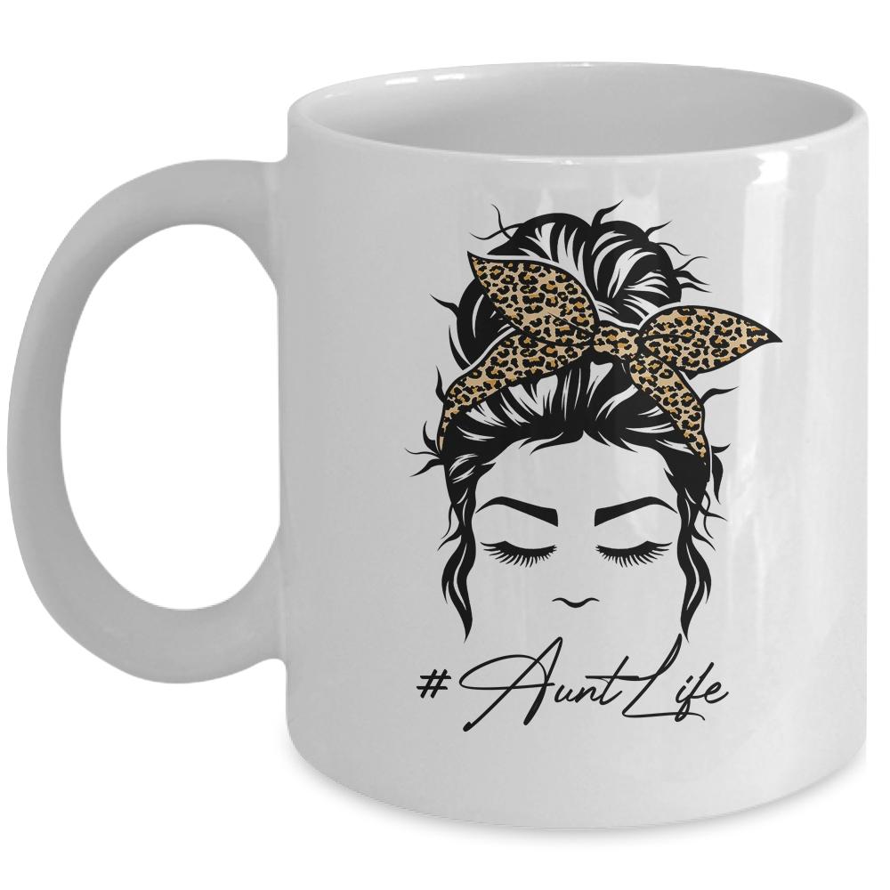Aunt Life Messy Bun Hair Bandana Leopard Print Mug-Coffee Mug-Mug-White