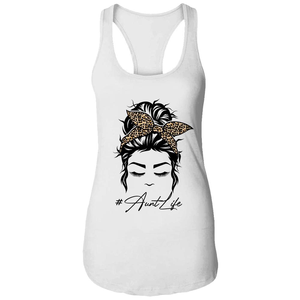 Aunt Life Messy Bun Hair Bandana Leopard Print-T-Shirt & Tank Top-Women's Ideal Racerback Tank-White