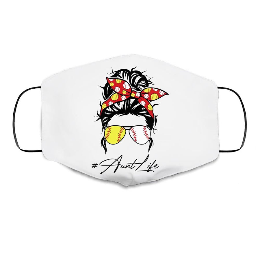 Aunt Life Softball Baseball Women Mothers Day Messy Bun Funny Cloth Face Mask-Cloth Face Mask-Cloth Face Mask-White