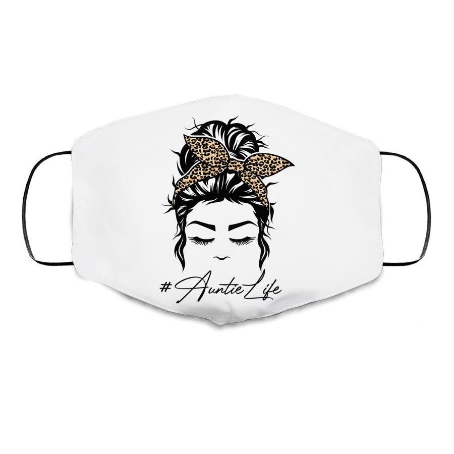 Auntie Life Messy Bun Hair Bandana Leopard Print Cloth Face Mask-Cloth Face Mask-Cloth Face Mask-White
