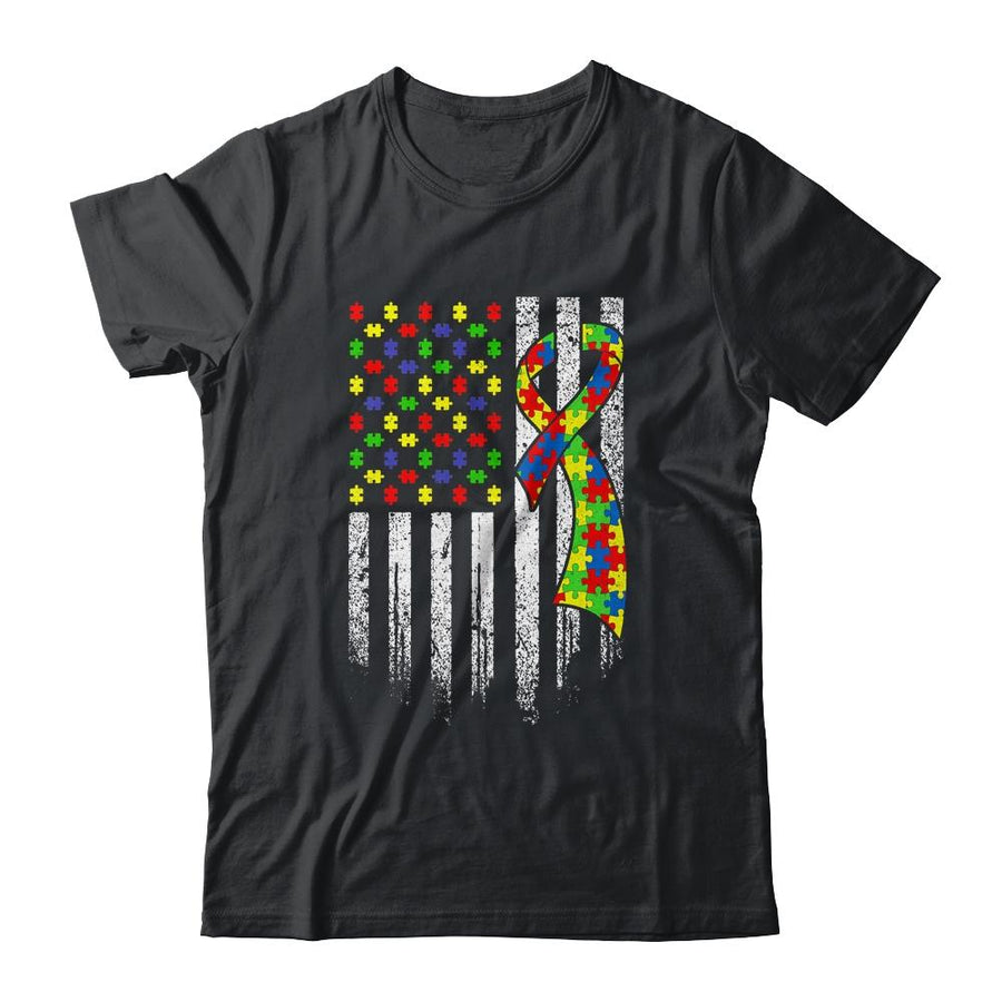 Autism Awareness Distressed American Flag Puzzle Ribbon-T-Shirt & Hoodie-Classic T-Shirt-Black