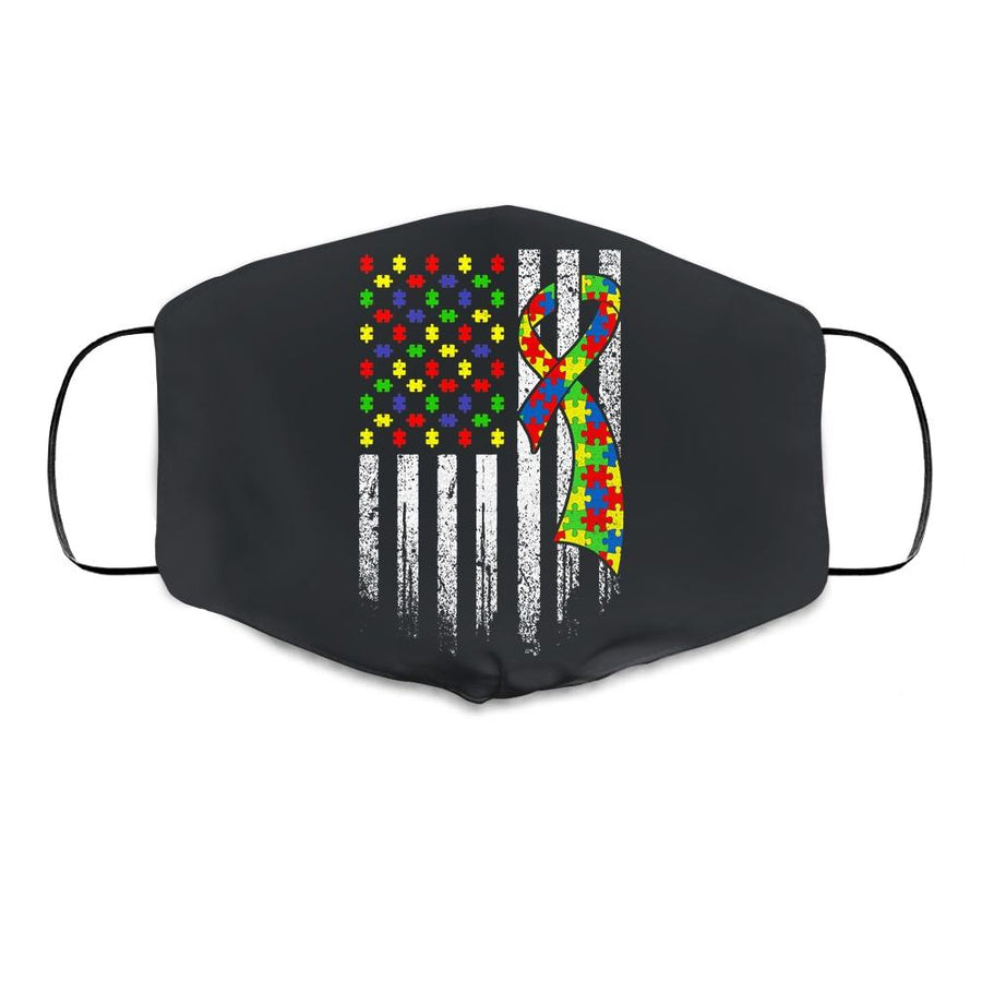 Autism Awareness Distressed American Flag Puzzle Ribbon Cloth Face Mask-Cloth Face Mask-Cloth Face Mask-Black