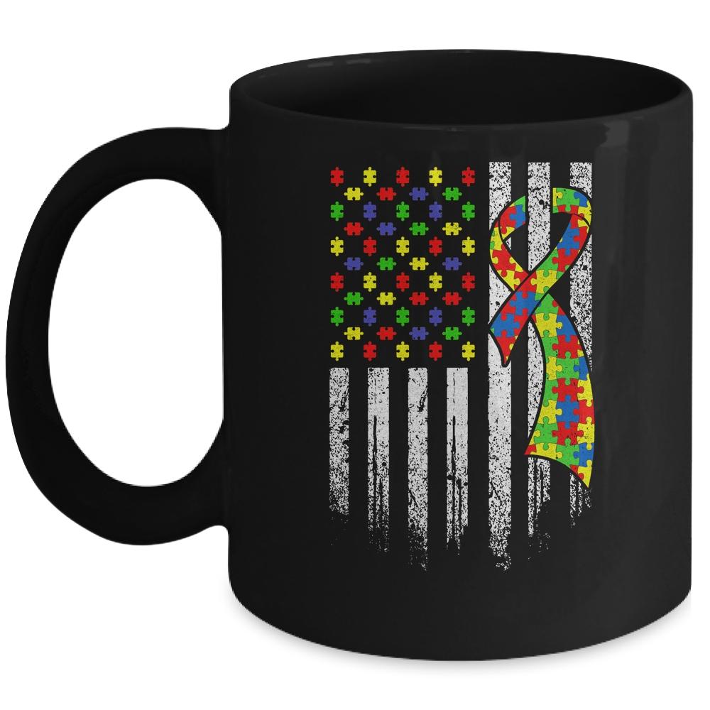 Autism Awareness Distressed American Flag Puzzle Ribbon Mug-Coffee Mug-Mug-Black