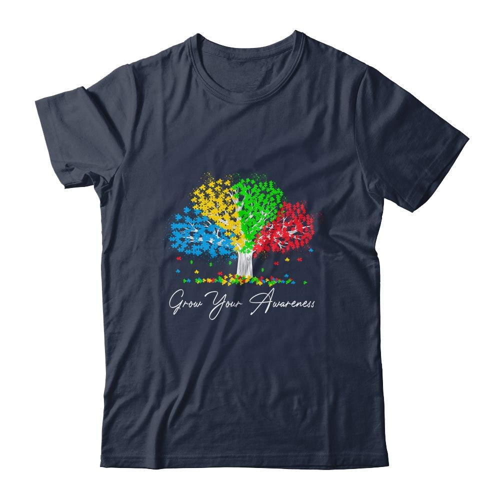Autism Awareness Rainbow Tree Grow Your Awareness Hand Drawn-T-Shirt & Hoodie-Classic T-Shirt-Navy