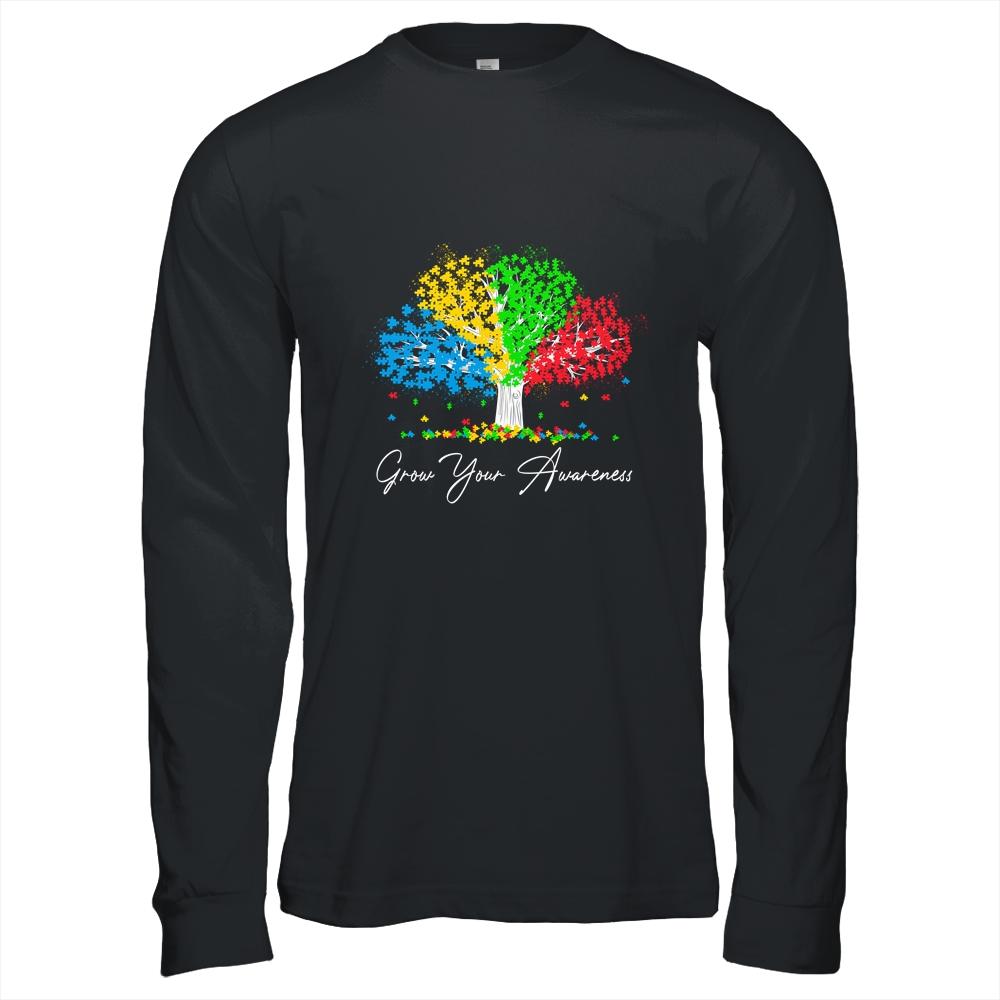Autism Awareness Rainbow Tree Grow Your Awareness Hand Drawn-T-Shirt & Hoodie-Long Sleeve T-Shirt-Black