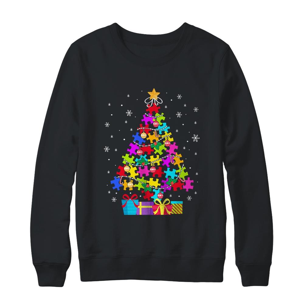 Autism Christmas Tree Gift For A Proud Autistic Person-T-Shirt & Sweatshirt-Crewneck Sweatshirt-Black