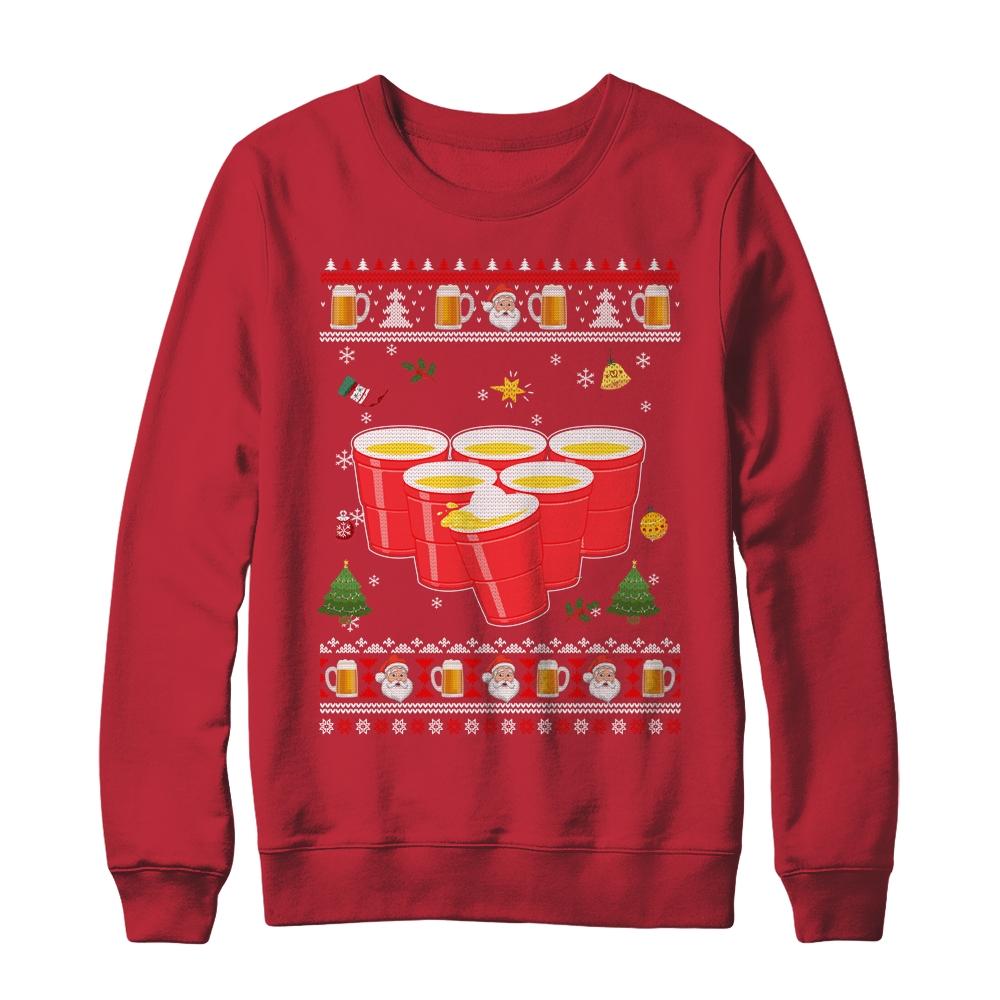 Beer Pong Drinking Game Ugly Christmas Sweater Funny Gift-T-Shirt & Sweatshirt-Crewneck Sweatshirt-Red