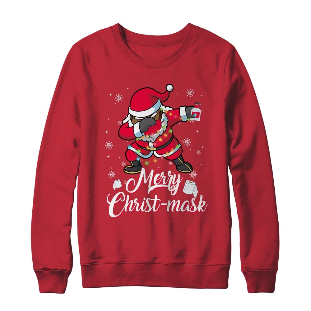 Black African American Christmas Dabbing Santa Wearing Mask-T-Shirt & Sweatshirt-Crewneck Sweatshirt-Red