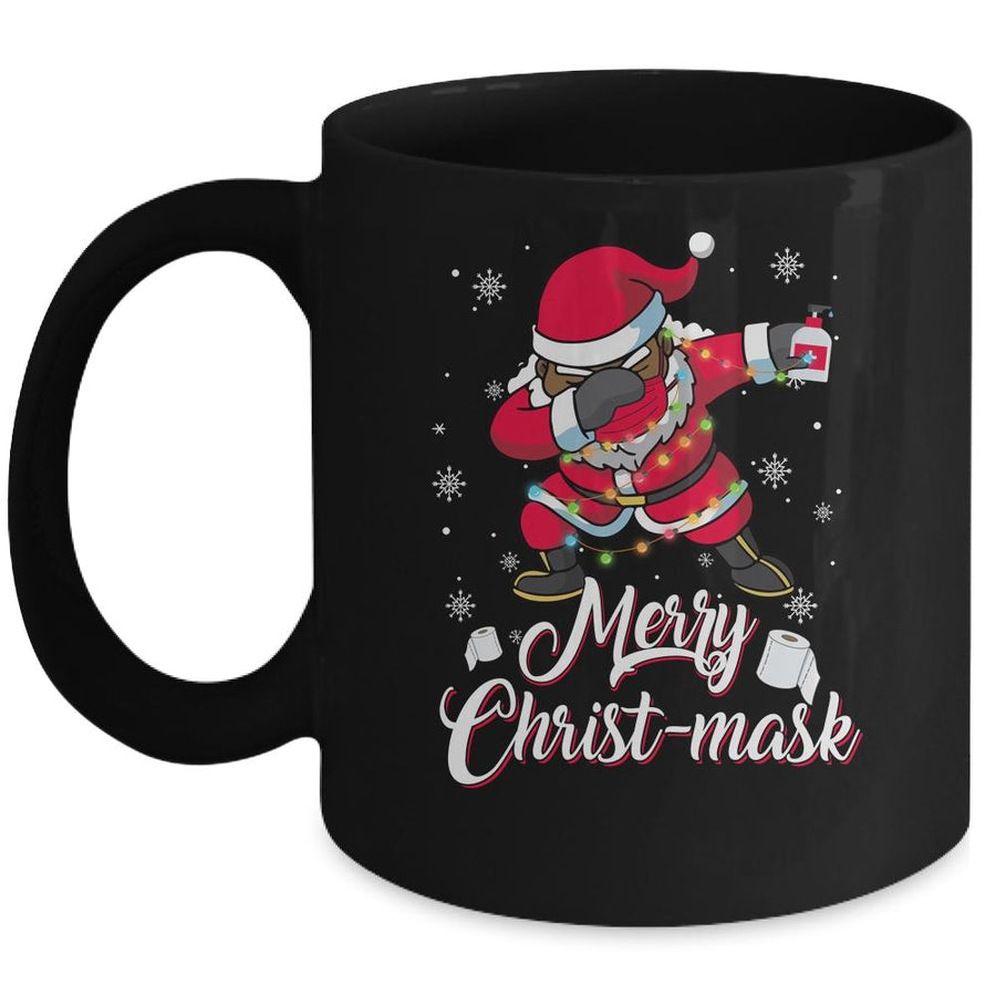Black African American Christmas Dabbing Santa Wearing Mask Mug-Coffee Mug-Mug-Black
