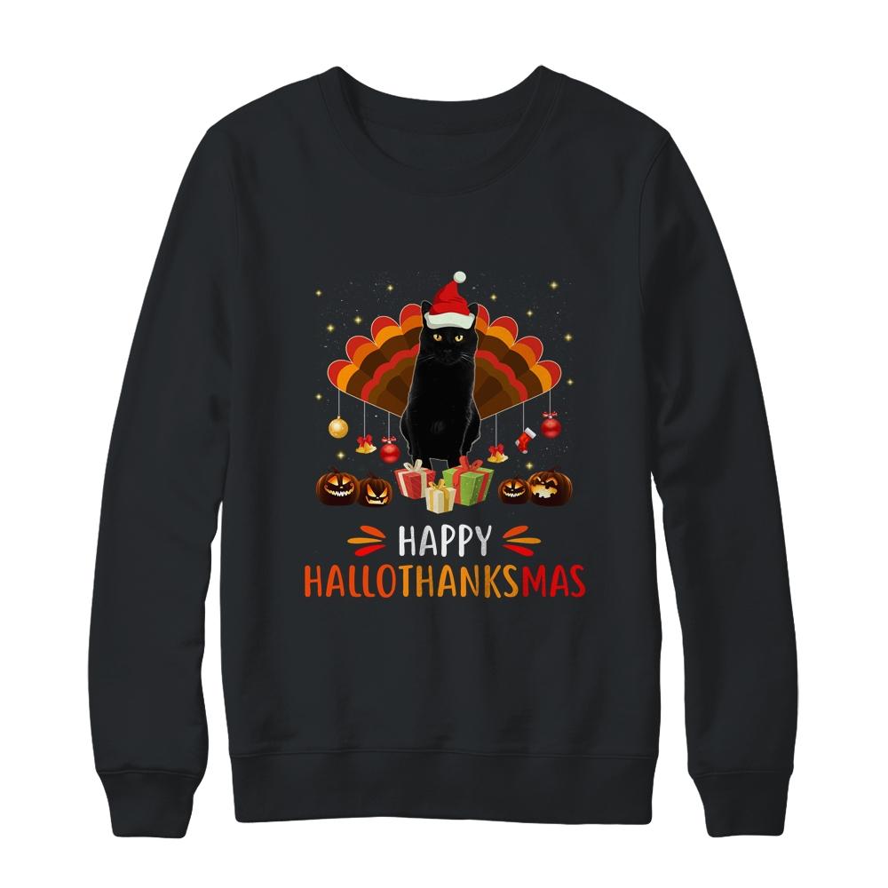 Black Cat Halloween Thanksgiving Christmas Hallothanksmas-T-Shirt & Sweatshirt-Crewneck Sweatshirt-Black