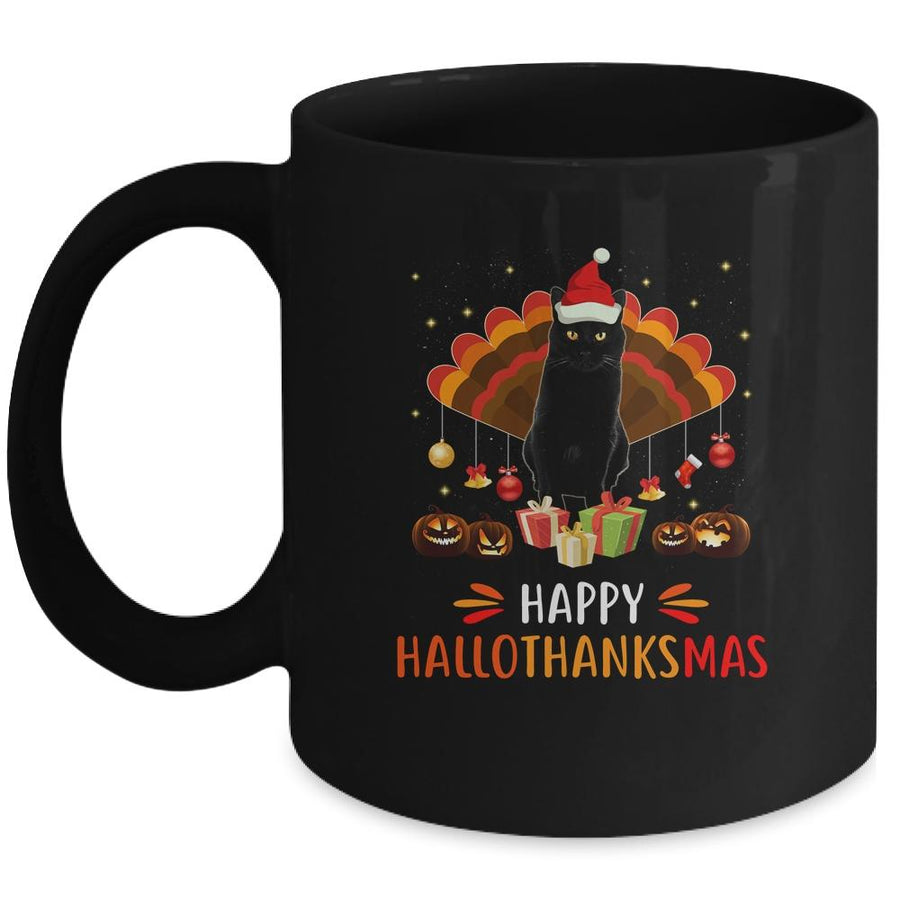 Black Cat Halloween Thanksgiving Christmas Hallothanksmas Mug-Coffee Mug-Mug-Black