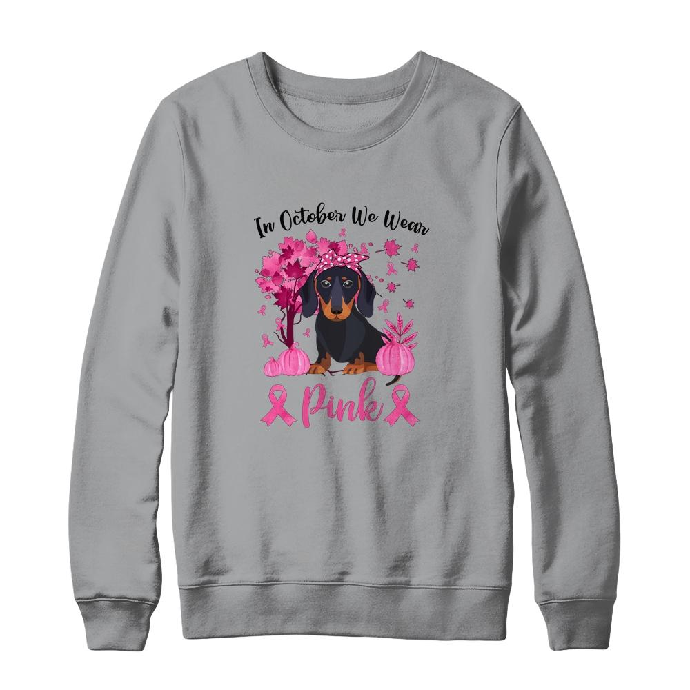 Breast Cancer Awareness In October We Wear Pink Dachshund-T-Shirt & Sweatshirt-Crewneck Sweatshirt-Sport Grey