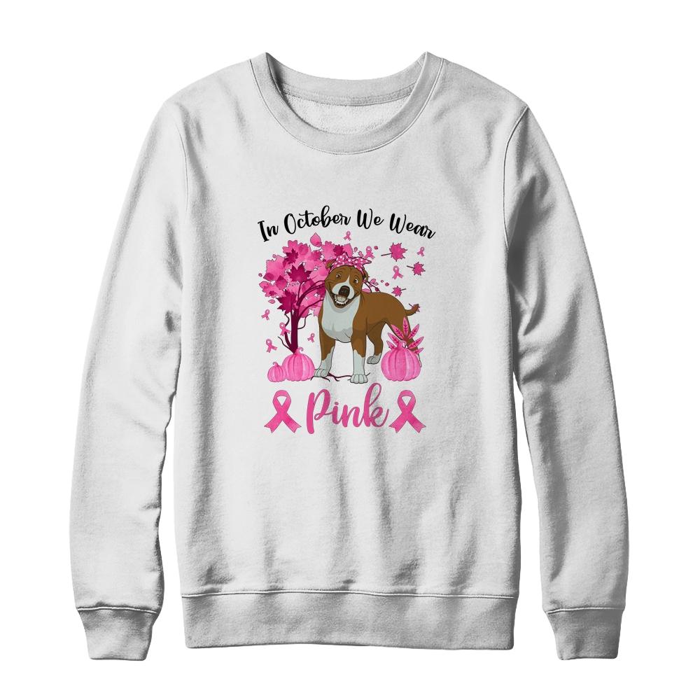 Breast Cancer Awareness In October We Wear Pink Pit bull-T-Shirt & Sweatshirt-Crewneck Sweatshirt-White