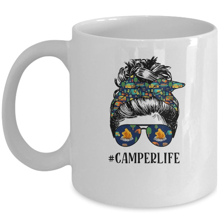 Camper Life Messy Bun Hair Mother's Day Camping Lovers Mug-Coffee Mug-Mug-White