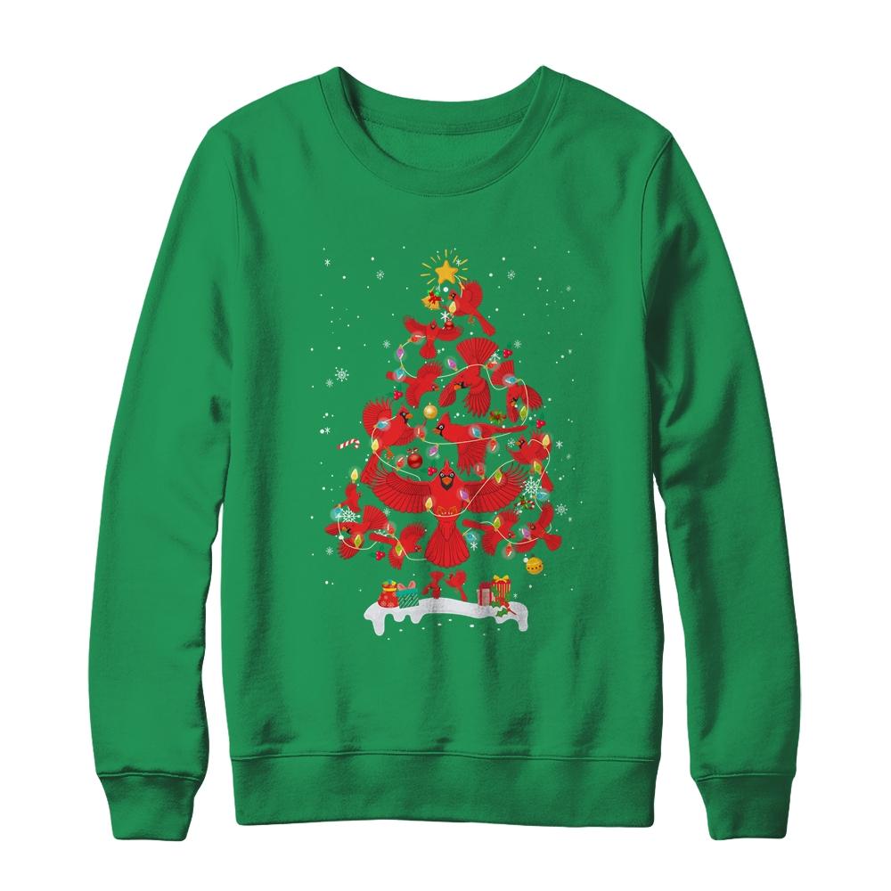 Cardinal Bird Christmas Tree Tee Cardinal Lover Xmas Gift-T-Shirt & Sweatshirt-Crewneck Sweatshirt-Irish Green