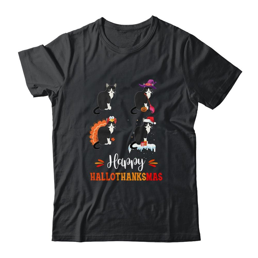 Cat Happy Halloween Thanksgiving Christmas Hallothanksmas-T-Shirt & Sweatshirt-Classic T-Shirt-Black