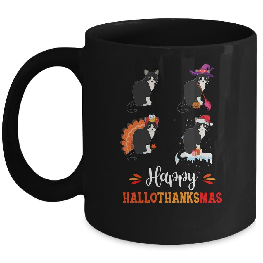 Cat Happy Halloween Thanksgiving Christmas Hallothanksmas Mug-Coffee Mug-Mug-Black