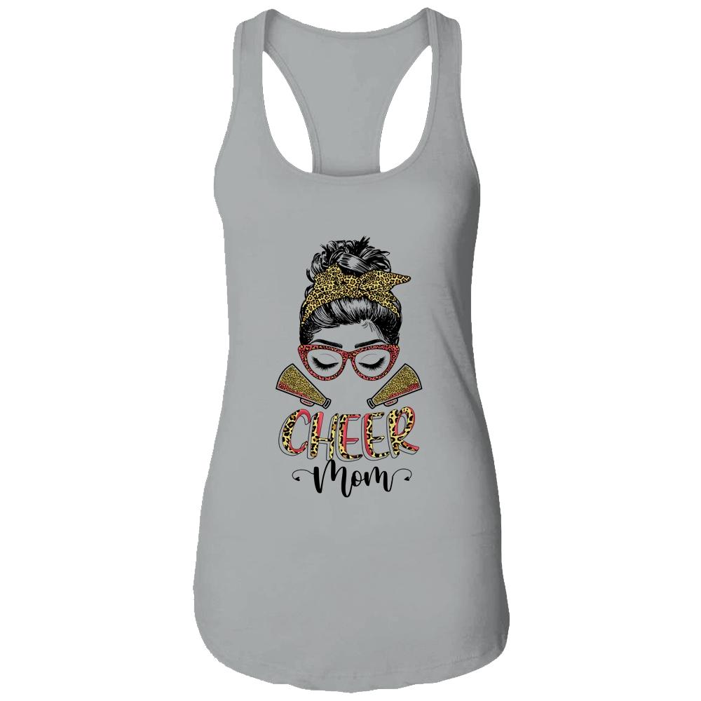 Cheer Mom Leopard Messy Bun Cheerleader Funny Mothers Day-T-Shirt & Tank Top-Women's Ideal Racerback Tank-Heather Grey