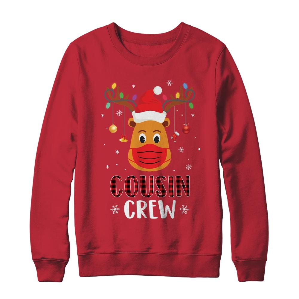 Christmas Cousin Crew Reindeer Mask Red Plaid-T-Shirt & Sweatshirt-Crewneck Sweatshirt-Red