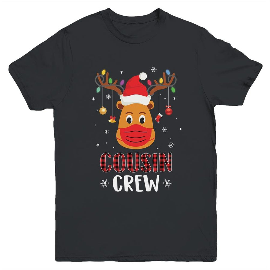 Christmas Cousin Crew Reindeer Mask Red Plaid Youth-Youth Shirt-Youth T-Shirt-Black