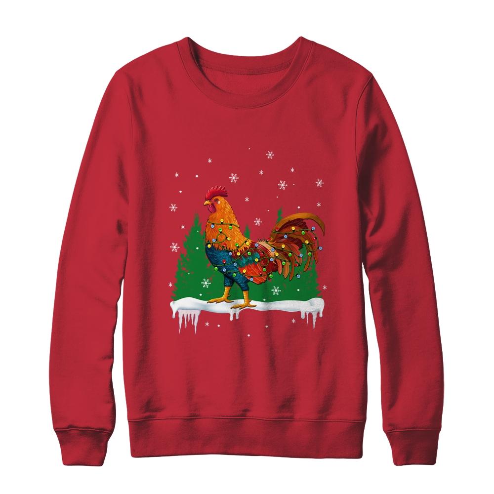 Christmas Rooster Xmas Farmer Chicken Lights Snowflakes-T-Shirt & Sweatshirt-Crewneck Sweatshirt-Red