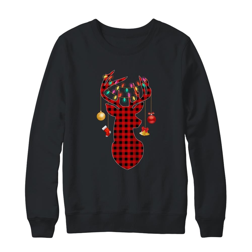 Classic Red Black Christmas Buffalo Plaid Deer-T-Shirt & Sweatshirt-Crewneck Sweatshirt-Black