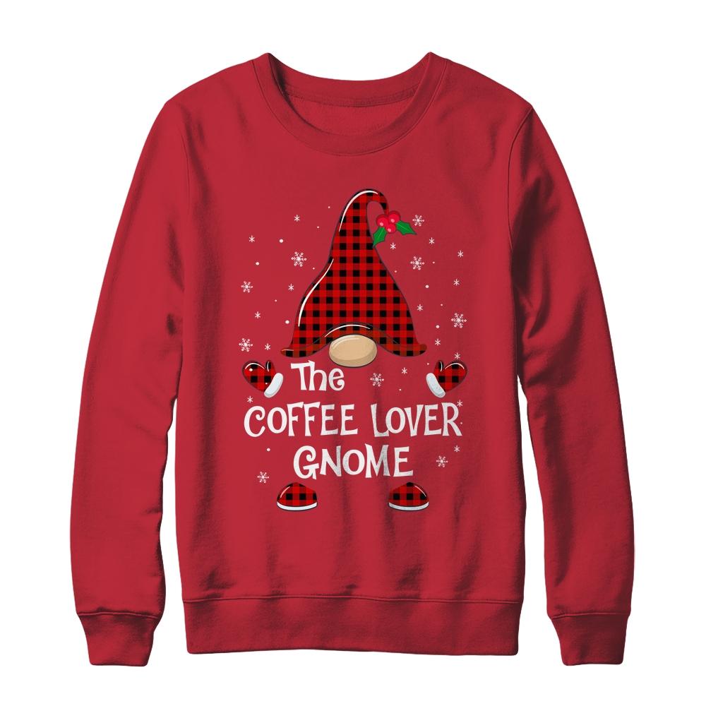 Coffee Lover Gnome Buffalo Plaid Matching Christmas Pajama Gift-T-Shirt & Sweatshirt-Crewneck Sweatshirt-Red