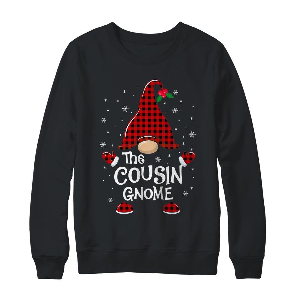 Cousin Gnome Buffalo Plaid Matching Christmas Pajama Gift-T-Shirt & Sweatshirt-Crewneck Sweatshirt-Black