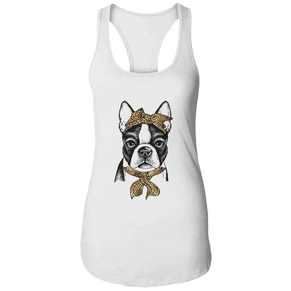 Cute Boston Terrier Mom Leopard Dog Bandana Mother Day Women Girl-T-Shirt & Tank Top-Women's Ideal Racerback Tank-White