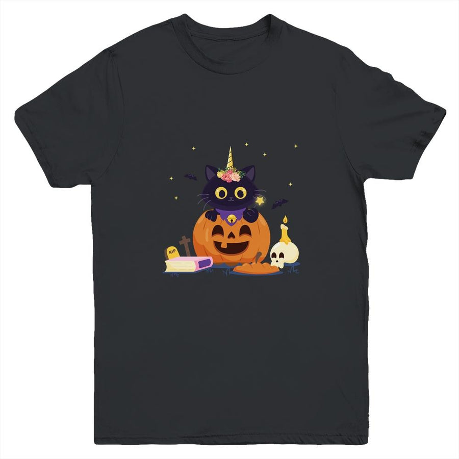 Cute Cat Pumpkin Unicorn Halloween Youth-Youth Shirt-Youth T-Shirt-Black
