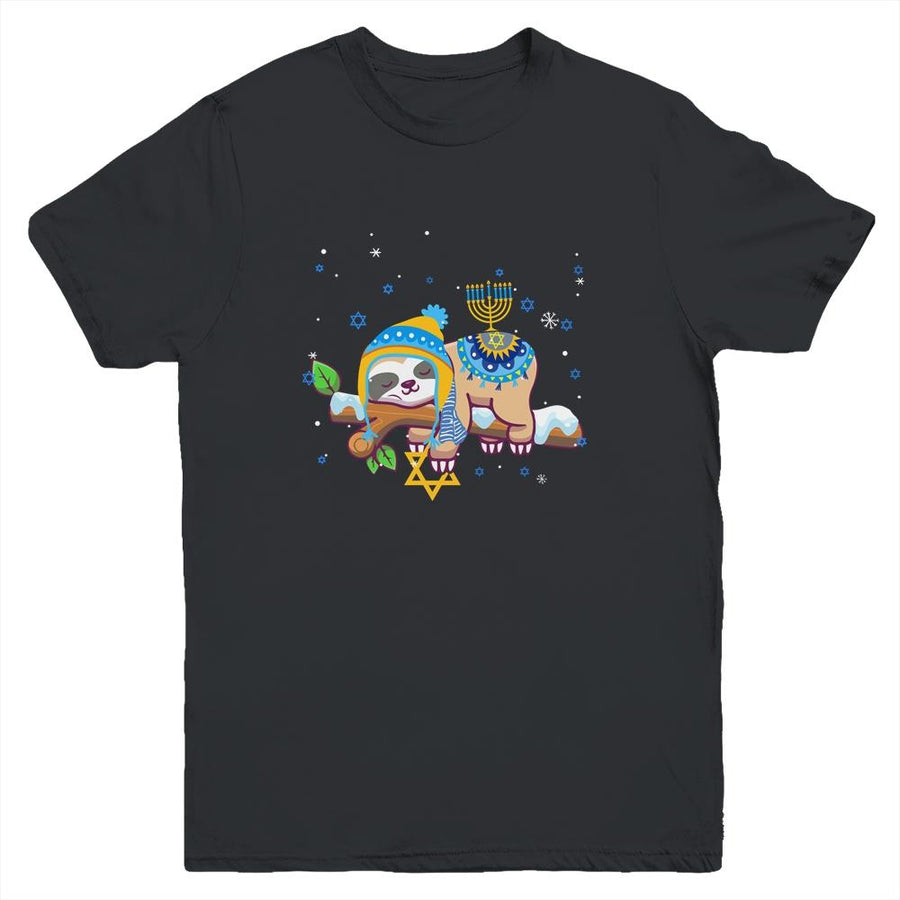 Cute Jewish Menorah Hanukkah Sloth Chanukah Gift Youth-Youth Shirt-Youth T-Shirt-Black
