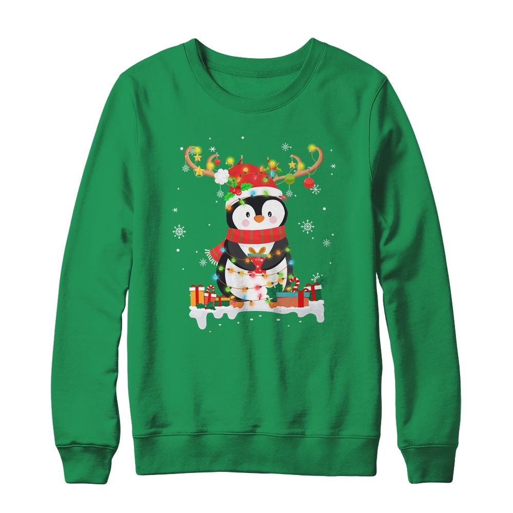 Cute Penguin Reindeer Santa Hat Xmas Christmas Penguin Lover-T-Shirt & Sweatshirt-Crewneck Sweatshirt-Irish Green