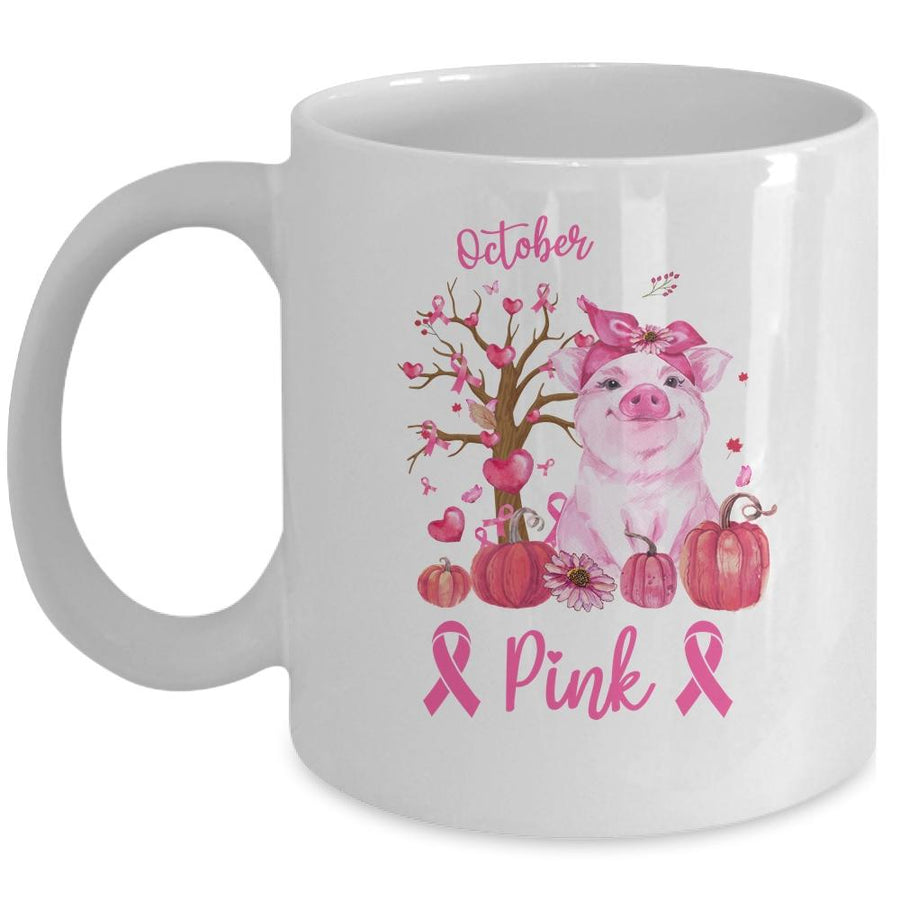 Cute Pig In October We Wear Pink Breast Cancer Awareness Mug-Coffee Mug-Mug-White