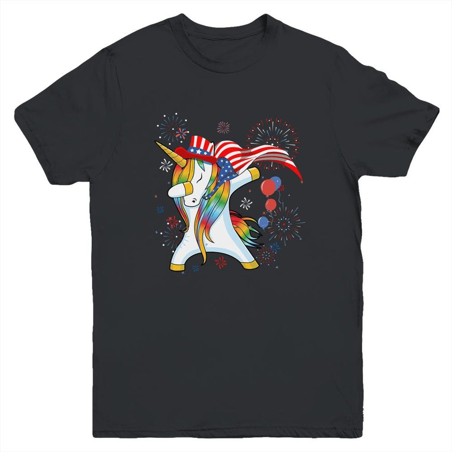 Dabbing Unicorn 4th of July American Flag Girls Youth-Youth Shirt-Youth T-Shirt-Black