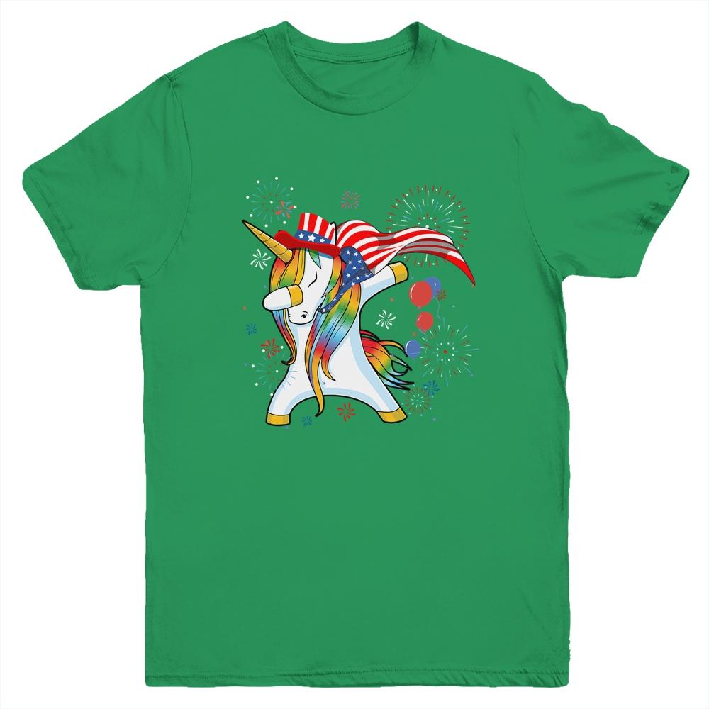 Dabbing Unicorn 4th of July American Flag Girls Youth-Youth Shirt-Youth T-Shirt-Irish Green