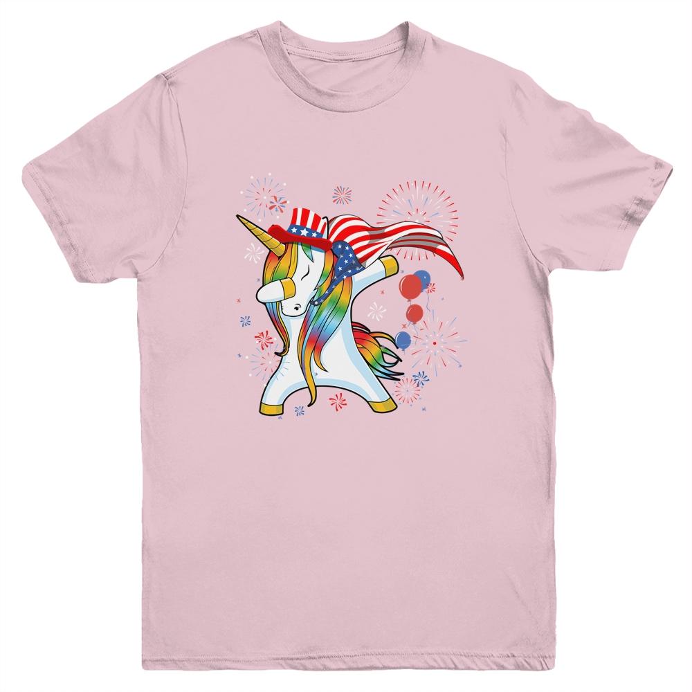 Dabbing Unicorn 4th of July American Flag Girls Youth-Youth Shirt-Youth T-Shirt-Light Pink